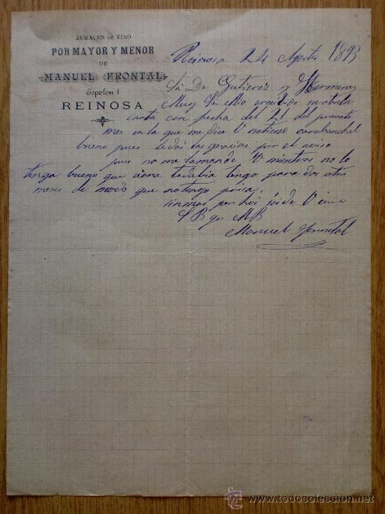 Lettere commerciali: CARTA COMERCIAL. REINOSA, CANTABRIA 1893. ALMACEN DE VINO POR MAYOR Y MENOR. MANUEL FRONTAL.