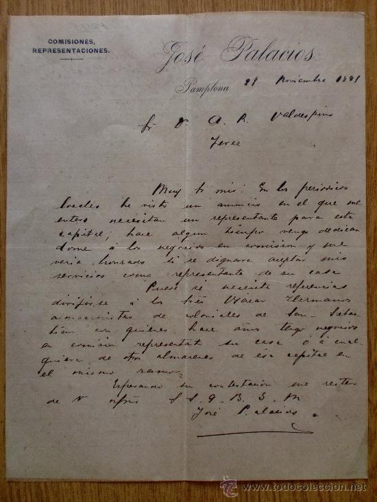 Lettere commerciali: CARTA COMERCIAL. PAMPLONA 1895. JOSE PALACIOS. COMISIONES REPRESENTACIONES.