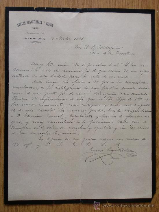 Lettere commerciali: CARTA COMERCIAL. PAMPLONA 1895. GENARO SAGASTIBELZA Y VERTIZ. A VALDESPINO.