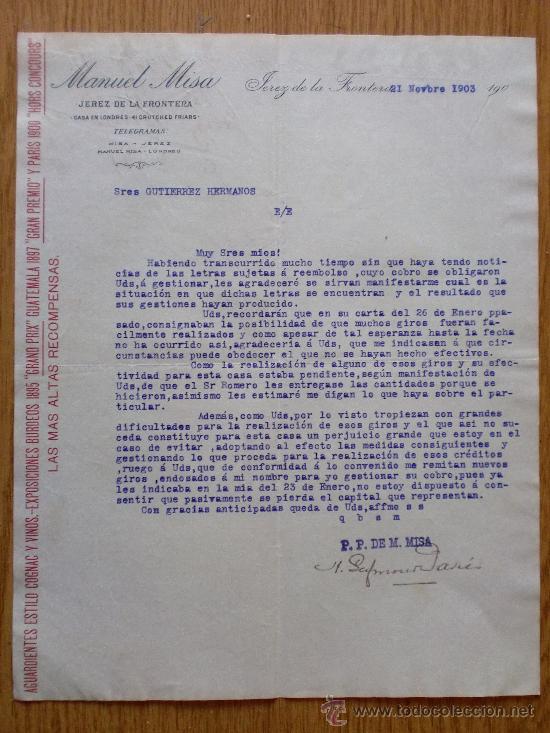 Cartas comerciales: CARTA COMERCIAL. JEREZ DE LA FRONTERA 1900. MANUEL MISA. TELEGRAMAS. GUTIERREZ HERMANOS.