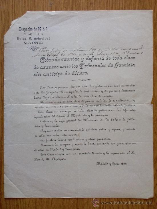 Cartas comerciales: CARTA COMERCIAL. MADRID ENERO 1892.  BOLSA, 6, PRINCIPAL.