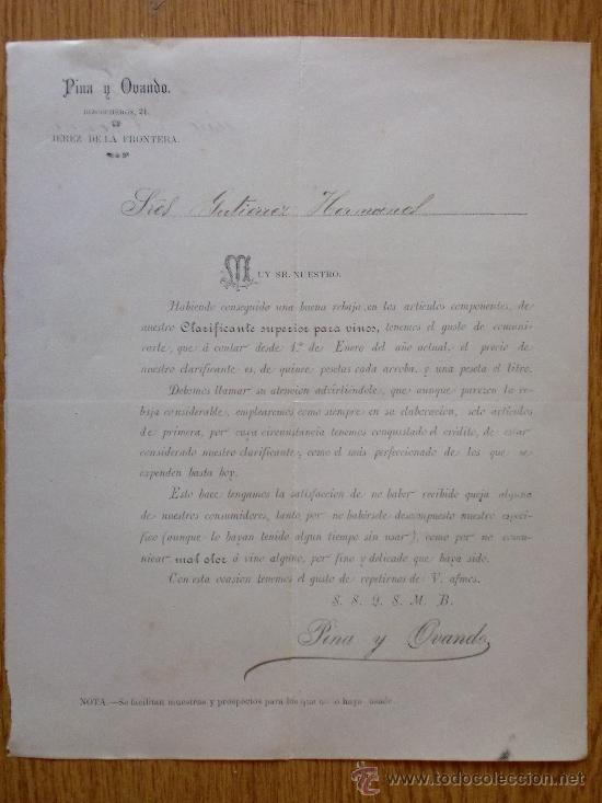 Cartas comerciales: CARTA COMERCIAL. PINA Y OVANDO 1889. JEREZ DE LA FRONTERA. A GUTIERRES HERMANOS.