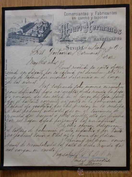 Cartas comerciales: CARTA COMERCIAL. SEVILLA 1910. MAURI HERMANOS. COMERCIANTES Y FABRICANTES EN CORCHO Y TAPONES.