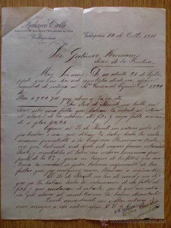 Lettres commerciales: CARTA COMERCIAL. VALDEPE&Ntilde;AS 1911. FEDERICO CALLE. ALCOHOLES Y VINOS. A GUTIERREZ HERMANOS.