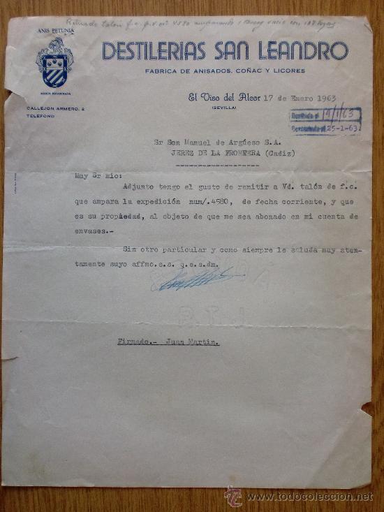 Cartas comerciales: CARTA COMERCIAL. EL VISO DEL ALCOR, SEVILLA 1963. DESTILERIAS SAN LEANDRO. ANISADOS CO&Ntilde;AC LICORES.