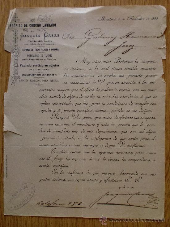 Cartas comerciales: CARTA COMERCIAL. BARCELONA 1895. DEPOSITO DE CORCHO DE JOAQUIN CASAS.