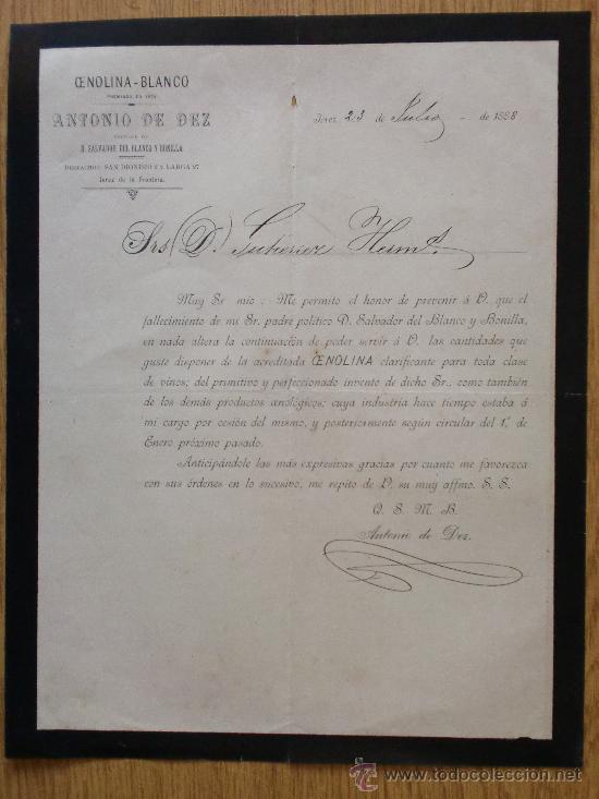 Cartas comerciales: CARTA COMERCIAL. JEREZ 1888. ANTONIO DE DEZ. CENOLINA -  BLANCO. A GUTIERREZ HNOS.