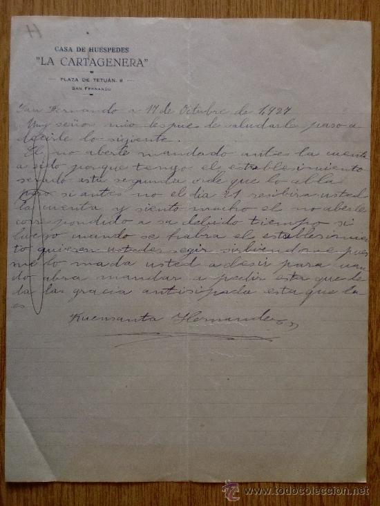 Cartas comerciales: CARTA COMERCIAL. SAN FERNANDO, CADIZ 1927. CASA DE HUESPEDES. LA CARTAGENERA.