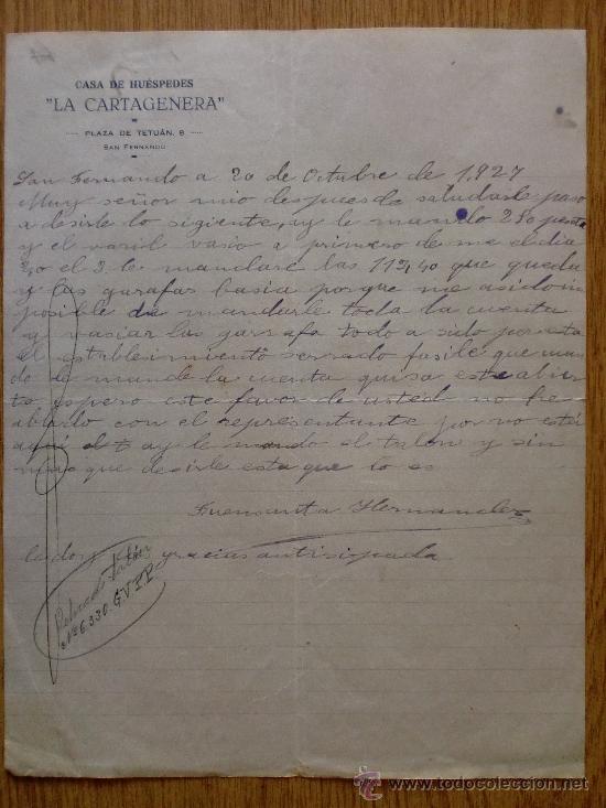 Cartas comerciales: CARTA COMERCIAL. SAN FERNANDO, CADIZ 1927. CASA DE HUESPEDES. LA CARTAGENERA.