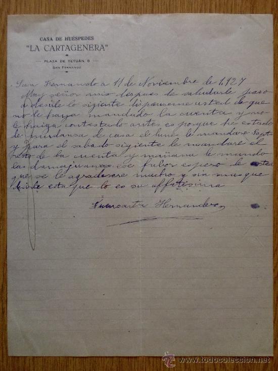 Cartas comerciales: CARTA COMERCIAL. SAN FERNANDO, CADIZ 1927. CASA DE HUESPEDES. LA CARTAGENERA.