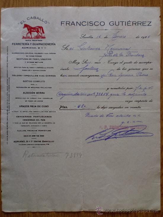 Cartas comerciales: CARTA COMERCIAL. SEVILLA 1926. FRANCISCO GUTIERREZ. EL CABALLO. FERRETERIA Y GUARNICIONERIA.
