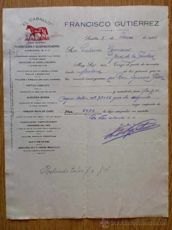 Cartas comerciales: CARTA COMERCIAL. SEVILLA 1926. FRANCISCO GUTIERREZ. EL CABALLO. FERRETERIA Y GUARNICIONERIA.