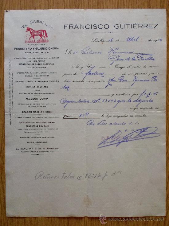 Cartas comerciales: CARTA COMERCIAL. SEVILLA 1926. FRANCISCO GUTIERREZ. EL CABALLO. FERRETERIA Y GUARNICIONERIA.
