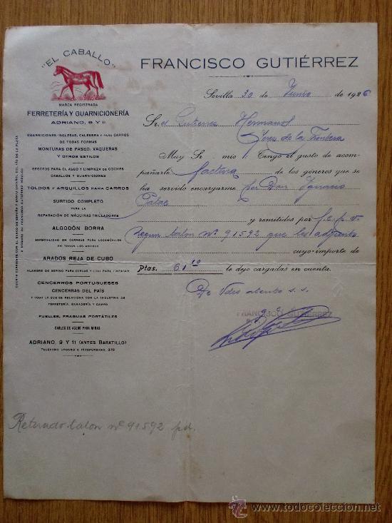 Cartas comerciales: CARTA COMERCIAL. SEVILLA 1926. FRANCISCO GUTIERREZ. EL CABALLO. FERRETERIA Y GUARNICIONERIA.