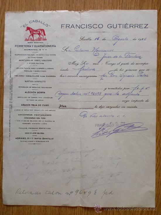 Cartas comerciales: CARTA COMERCIAL. SEVILLA 1926. FRANCISCO GUTIERREZ. EL CABALLO. FERRETERIA Y GUARNICIONERIA.