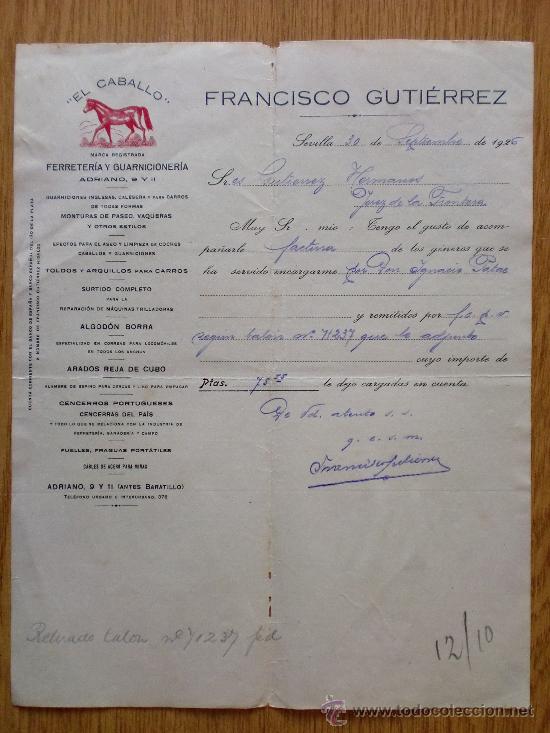 Cartas comerciales: CARTA COMERCIAL. SEVILLA 1926. FRANCISCO GUTIERREZ. EL CABALLO. FERRETERIA Y GUARNICIONERIA.