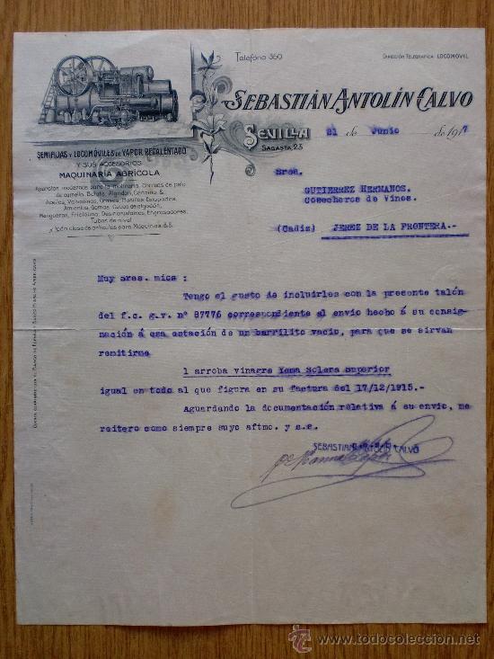 Cartas comerciales: CARTA COMERCIAL. SEVILLA 1912. SEBASTIAN ANTOLIN CALVO. SEMIFIJAS Y LOCOMOVILES DE VAPOR RECALENTADO