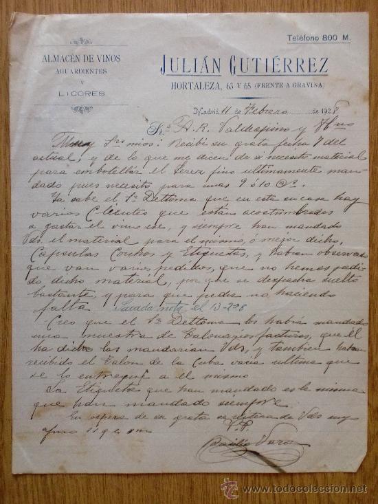 Cartas comerciais: CARTA COMERCIAL. MADRID 1928. JULIAN GUTIERREZ. HORTALEZA. ALMACEN DE VINOS AGUARDIENTES Y LICORES.