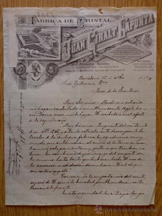 Cartas comerciais: CARTA COMERCIAL. BARCELONA 1898. FABRICA DE CRISTAL. JUAN GIRALT LAPORTA.