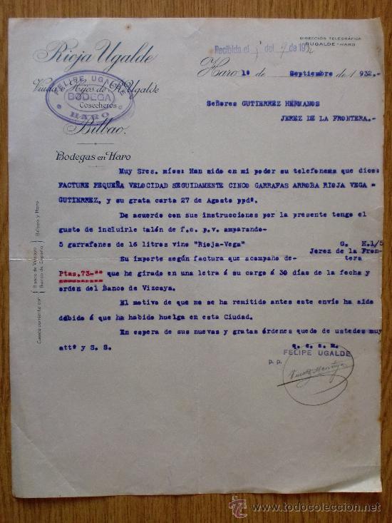 Cartas comerciais: CARTA COMERCIAL. HARO, LA RIOJA. 1932. RIOJA UGALDE. FELIPE UGALDE BODEGA. COSECHERO.