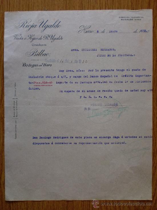 Cartas comerciais: CARTA COMERCIAL. HARO, LA RIOJA 1932. RIOJA UGALDE. BODEGAS EN HARO. R. UGALDE.