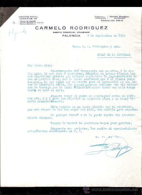 Cartas comerciais: CARTA COMERCIAL. CARMELO RODRIGUEZ. AGENTE COMERCIAL. VALDESPINO Y HNO. PALENCIA. 1934, SEPTIEMBRE.
