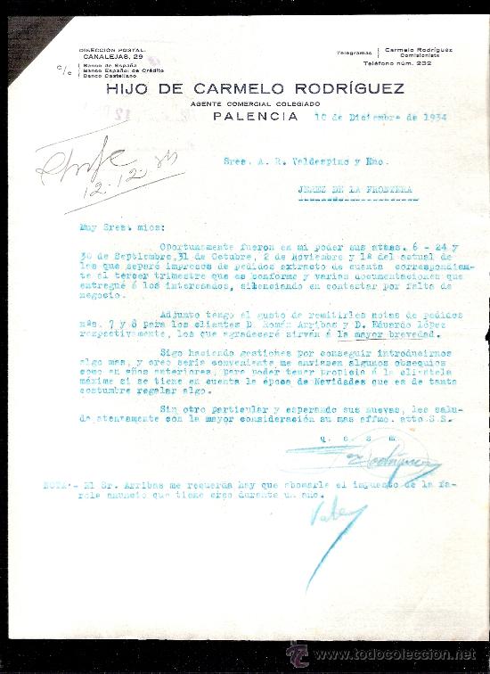 Cartas comerciais: CARTA COMERCIAL. CARMELO RODRIGUEZ. AGENTE COMERCIAL. VALDESPINO Y HNO. PALENCIA. 1934, DICIEMBRE.