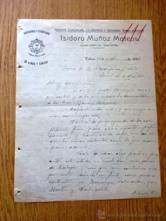Cartas comerciales: CARTA COMERCIAL. BILBAO 1926. ISIDORO MU&Ntilde;OZ MATEOS. AGENTE COMERCIAL COLEGIADO.