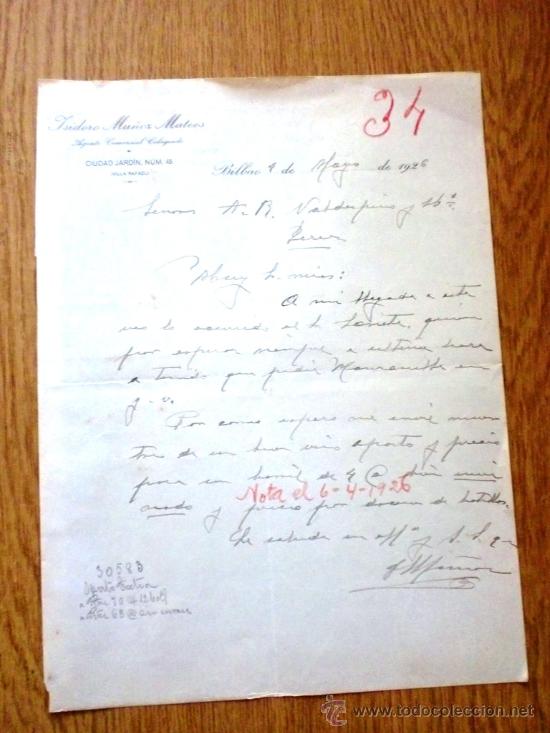 Cartas comerciales: CARTA COMERCIAL. BILBAO 1926. ISIDORO MU&Ntilde;OZ MATEOS. AGENTE COMERCIAL COLEGIADO.
