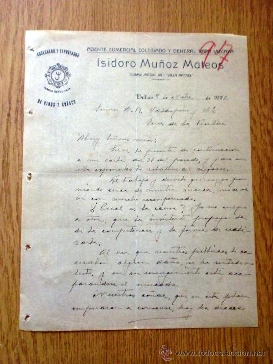Cartas comerciales: CARTA COMERCIAL. BILBAO 1926. ISIDORO MU&Ntilde;OZ MATEOS. AGENTE COMERCIAL COLEGIADO.