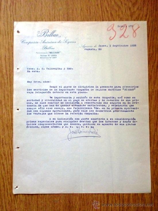 Lettere commerciali: CARTA COMERCIAL.JEREZ 1926. COMPA&Ntilde;IA ANONIMA DE SEGUROS. A SRES. VALDESPINO Y HNO.