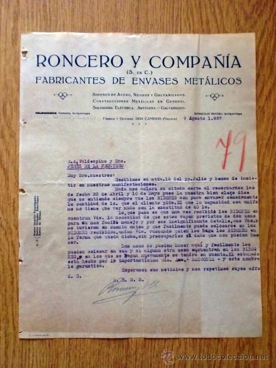 Lettere commerciali: CARTA COMERCIAL.VIZCAYA 1927. RONCERO Y COMPA&Ntilde;IA. FABRICANTES DE ENVASES METALICOS.