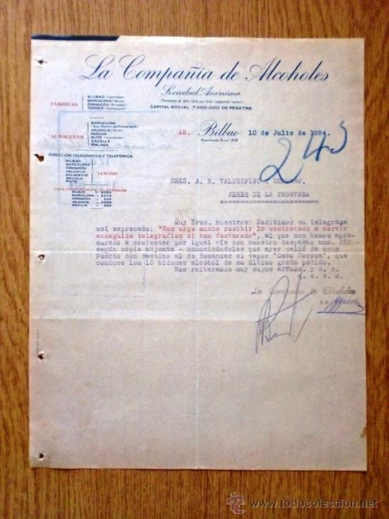Lettere commerciali: CARTA COMERCIAL.BILBAO 1924. LA COMPA&Ntilde;IA DE ALCOHOLES. A SRES.VALDESPINO Y HNO.
