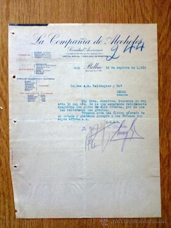 Lettere commerciali: CARTA COMERCIAL.BILBAO 1924. LA COMPA&Ntilde;IA DE ALCOHOLES. A SR. VALDESPINO Y HNO.