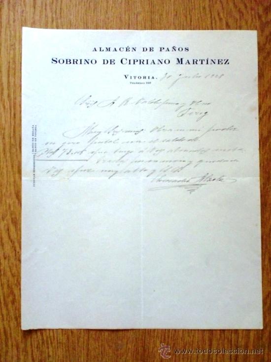 Lettere commerciali: CARTA COMERCIAL.VITORIA 1928. SOBRINO DE CIPRIANO MARTINEZ. ALMACEN DE PA&Ntilde;OS.
