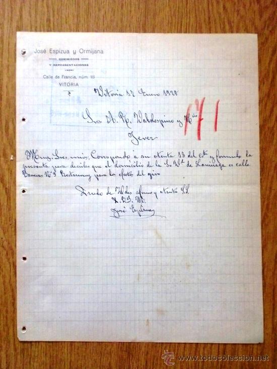 Lettere commerciali: CARTA COMERCIAL.VITORIA 1925. JOSE ESPIZUA Y ORMIJANA. COMISIONES Y REPRESENTACIONES.