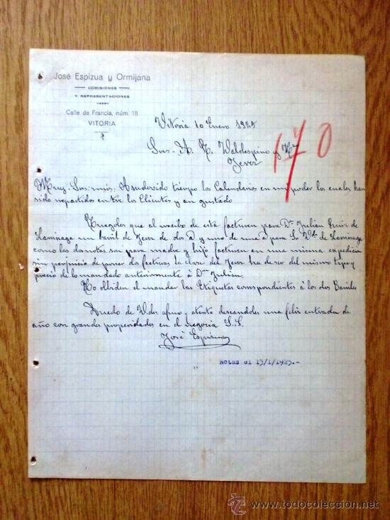 Lettere commerciali: CARTA COMERCIAL.VITORIA 1925. JOSE ESPIZUA Y ORMIJANA. COMISIONES Y REPRESENTACIONES.