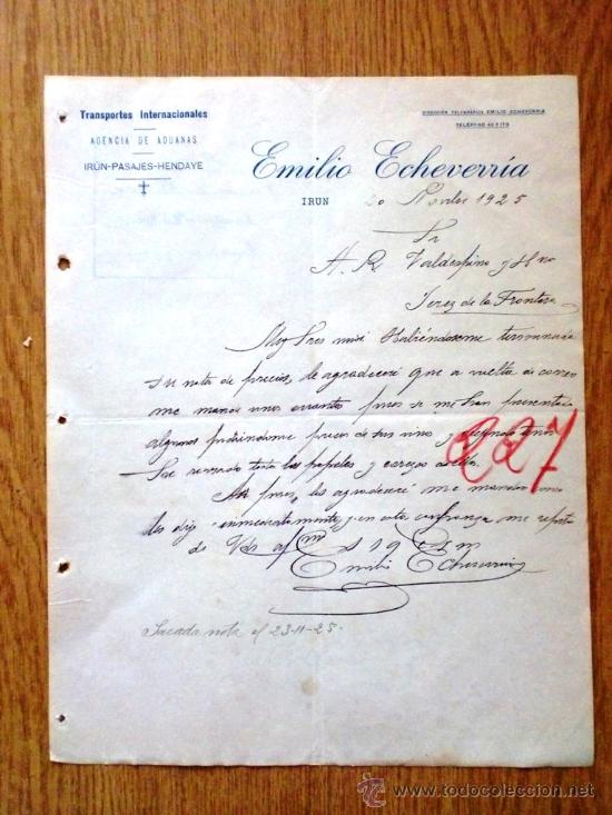 Lettere commerciali: CARTA COMERCIAL.IRUN 1925. EMILIO ECHEVERRIA. TRANSPORTES INTERNACIONALES. AGENCIA ADUANAS.