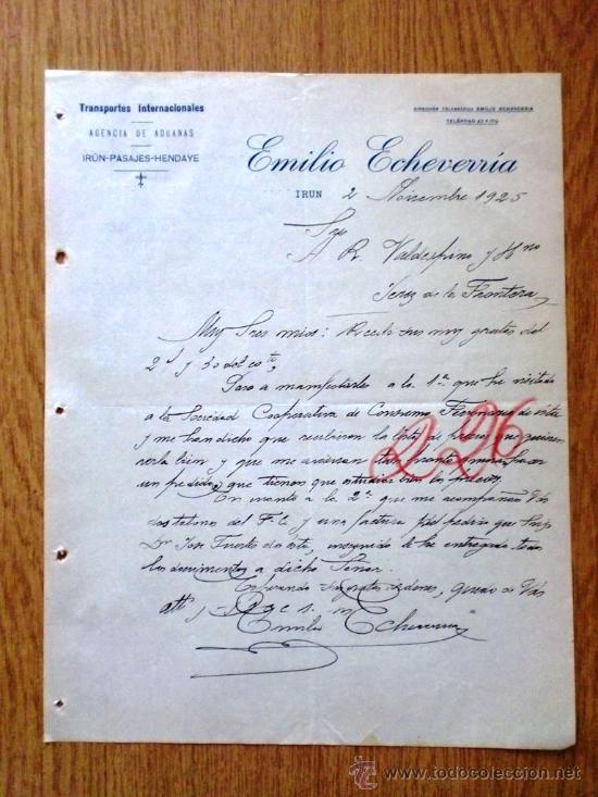 Lettere commerciali: CARTA COMERCIAL.IRUN 1925. EMILIO ECHEVERRIA. TRANSPORTES INTERNACIONALES. AGENCIA ADUANAS.