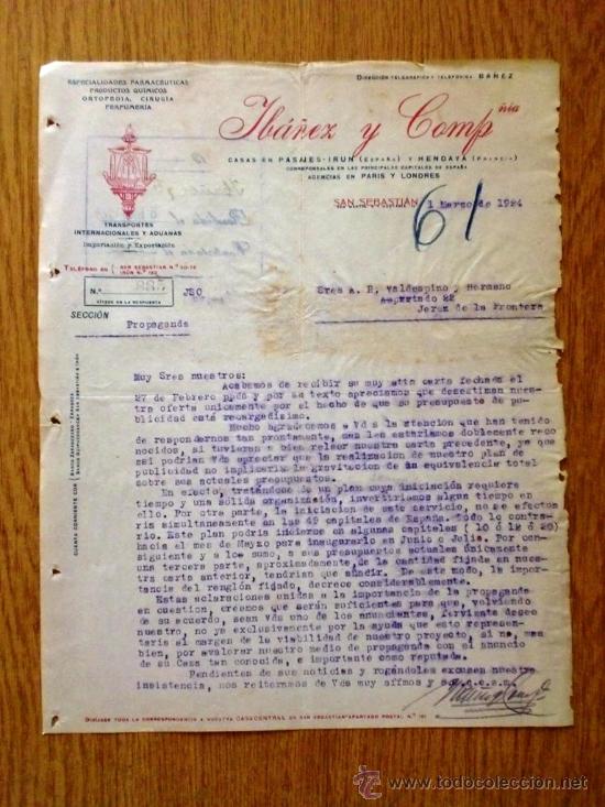 Cartas comerciais: CARTA COMERCIAL.SAN SEBASTIAN 1924. IBA&Ntilde;EZ Y COMPA&Ntilde;IA. ESPECIALIDADES FARMACEUTICAS. ORTOPEDIA, ETC.