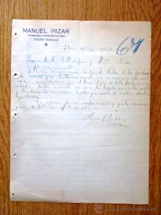 Cartas comerciais: CARTA COMERCIAL.TOLOSA (GUIPUZCOA) 1924. MANUEL IRIZAR. COMISIONES Y REPRESENTACIONES.