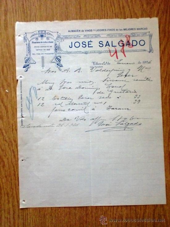 Cartas comerciais: CARTA COMERCIAL. EIBAR 1926. JOSE SALGADO. ALMACEN DE VINOS Y LICORES. FIAMBRES DE TODAS CLASES.