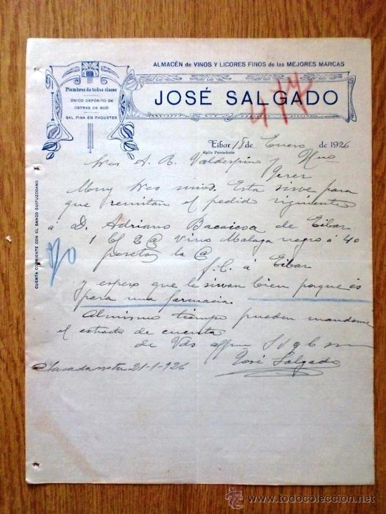 Cartas comerciais: CARTA COMERCIAL. EIBAR 1926. JOSE SALGADO. ALMACEN DE VINOS Y LICORES. FIAMBRES DE TODAS CLASES.