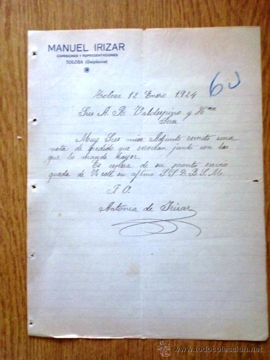 Cartas comerciais: CARTA COMERCIAL. TOLOSA (GUIPUZCOA) 1924. MANUEL IRIZAR. COMISIONES Y REPRESENTACIONES.