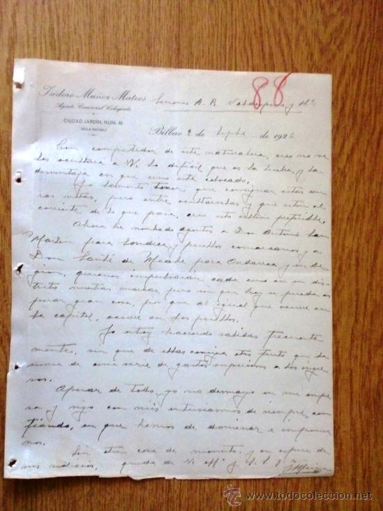 Cartas comerciais: CARTA COMERIAL. BILBAO 1926. ISIDORO MU&Ntilde;OZ MATEOS. AGENTE COMERCIAL COLEGIADO.