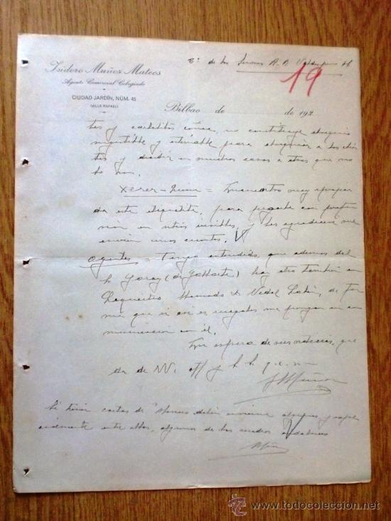 Cartas comerciais: CARTA COMERCIAL. BILBAO 1926. ISIDORO MU&Ntilde;OZ MATEOS. AGENTE COMERCIAL COLEGIADO.