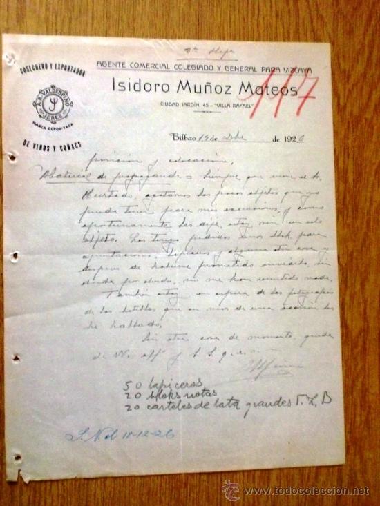Cartas comerciais: CARTA COMERCIAL. BILBAO 1926. ISIDORO MU&Ntilde;OZ MATEOS. COSECHERO Y EXPORTADOR DE VINOS Y CO&Ntilde;ACS.