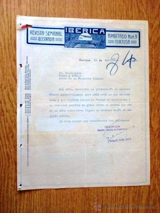 Cartas comerciais: CARTA COMERCIAL. TORTOSA 1924. IBERICA, REVISTA SEMANAL ILUSTRADA. SECCION DE PUBLICIDAD, RTOR. JEFE