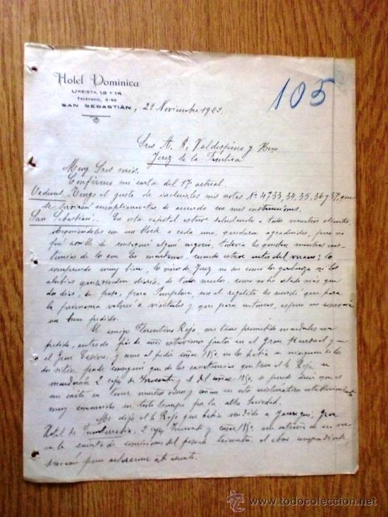 Cartas comerciais: CARTA COMERCIAL. SAN SEBASTIAN 1922. HOTEL DOMINICA. A SRES. VALDESPINO Y HNO.