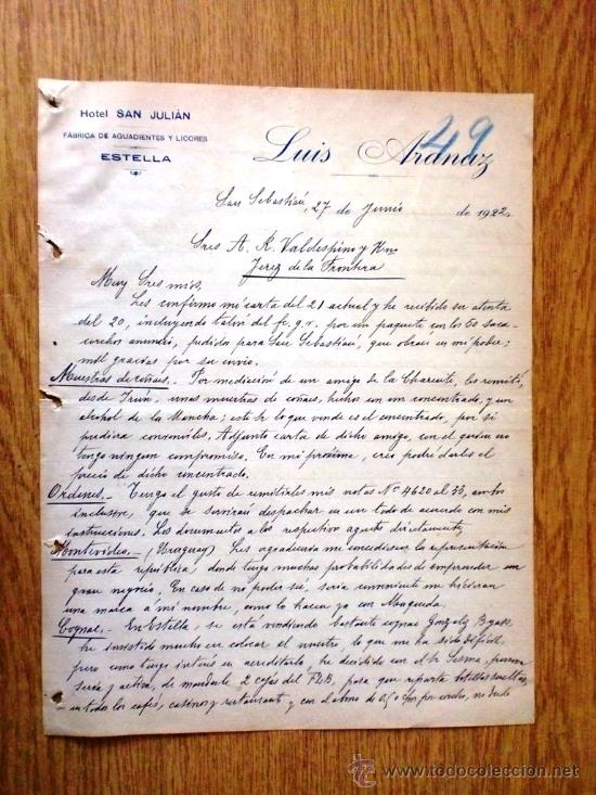 Cartas comerciais: CARTA COMERCIAL. SAN SEBASTIAN 1922. LUIS ARANAZ. FABRICA DE AGUARDIENTES Y LICORES.
